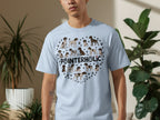 Light blue t-shirt with heart shape of German Shorthaired Pointers and paw prints.