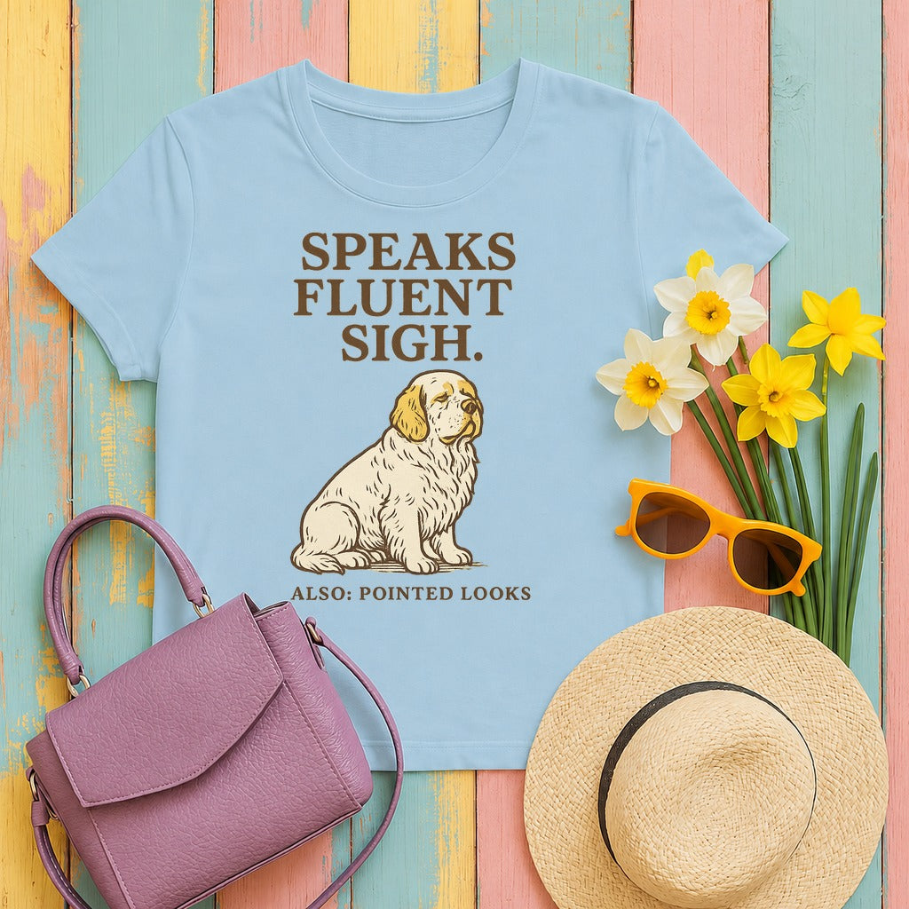 Clumber Speaks Fluent Sigh Tee in Light Blue