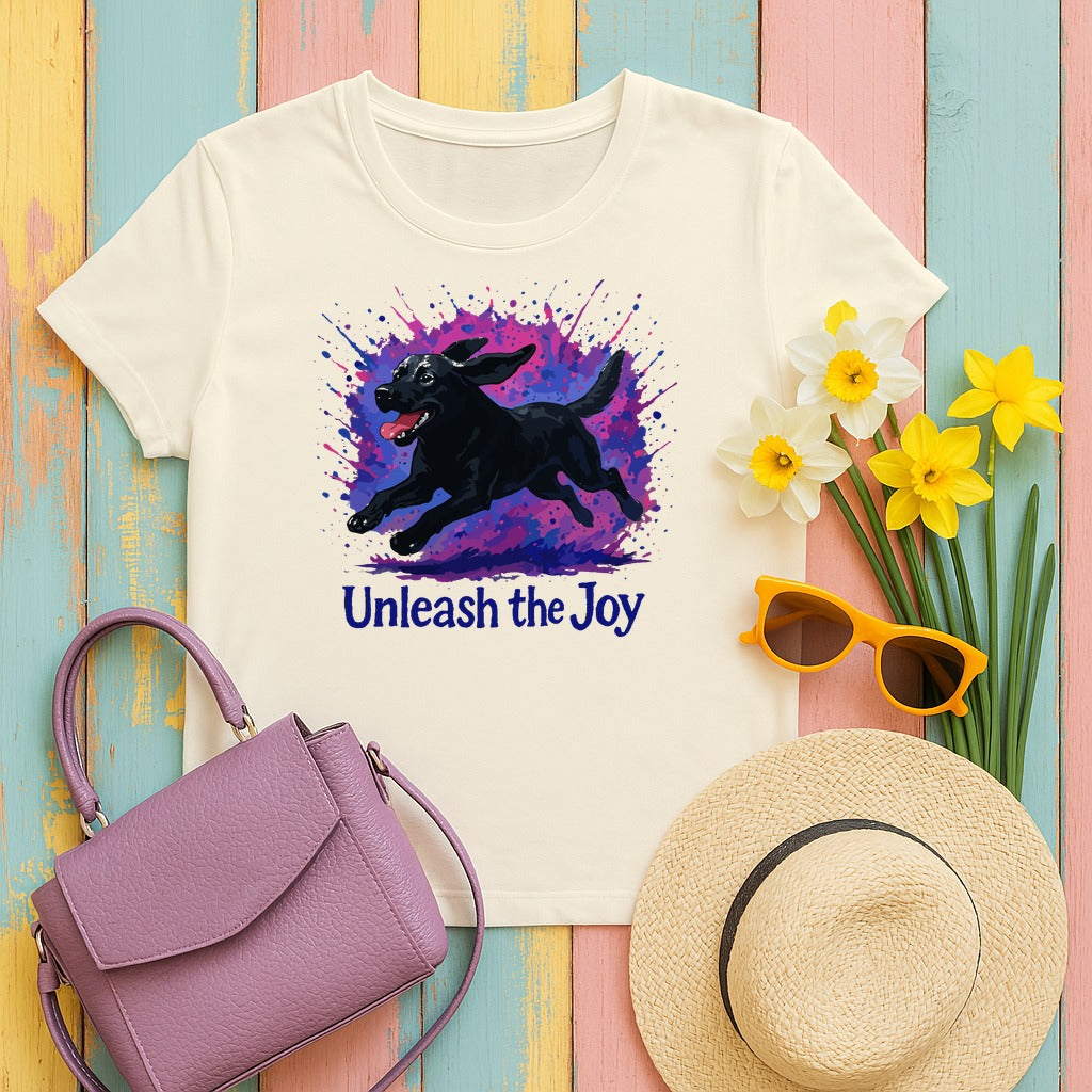 Unleash The Joy Vibrant Black Labrador T-Shirt in Natural