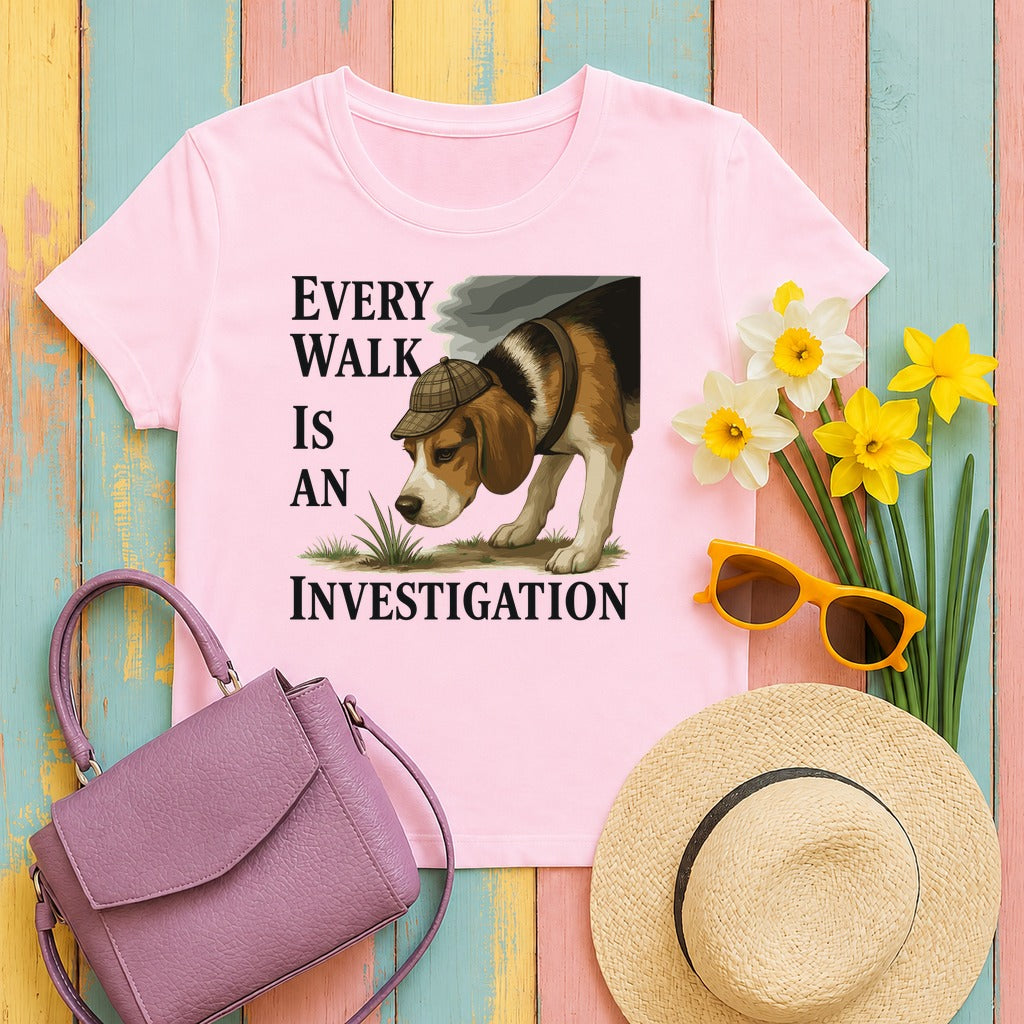 Every Walk Is An Investigation Beagle T-Shirt in Light Pink