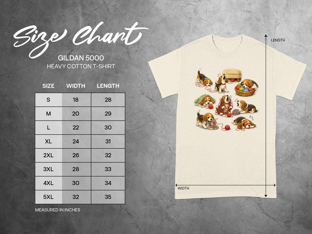 Gildan 5000 t-shirt size chart with beagle illustrations and measurements in inches.