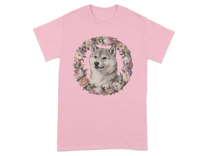 Floral Wreath Dog Print Pink Graphic T-Shirt product type