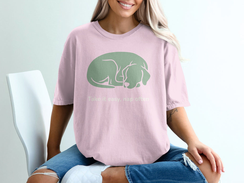 Take it easy nap often dog graphic t-shirt