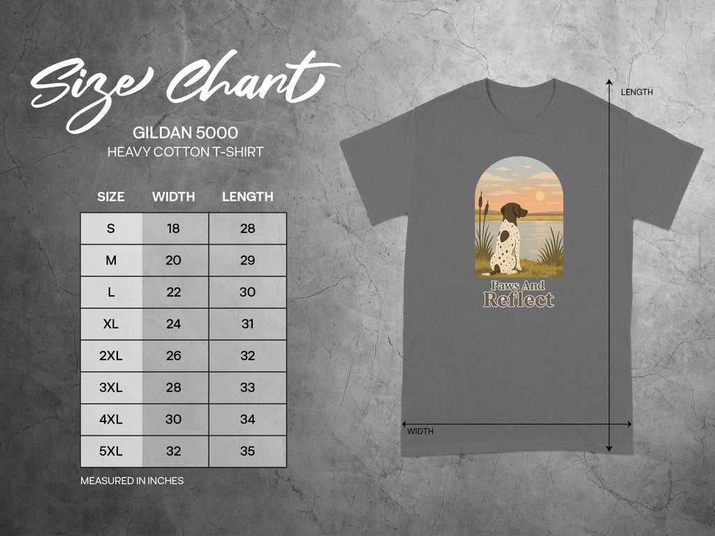 GILDAN 5000 heavy cotton t-shirt size chart with measurements in inches.