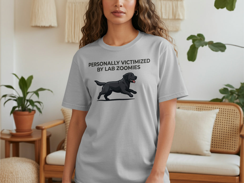 Grey t-shirt with black lab running and text "PERSONALLY VICTIMIZED BY LAB ZOOMIES".