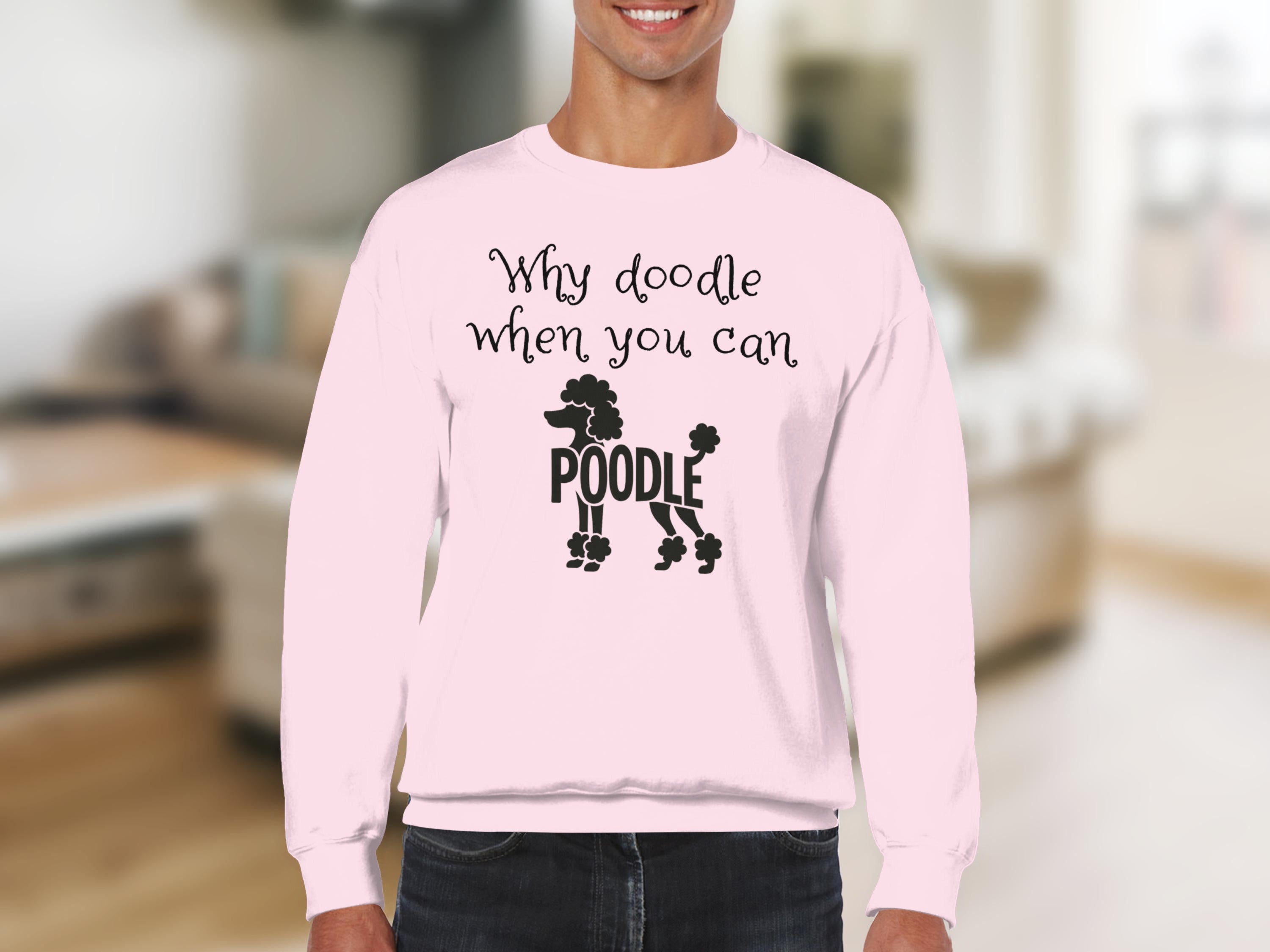 Light pink sweatshirt with "Why doodle when you can poodle" text and poodle graphic.
