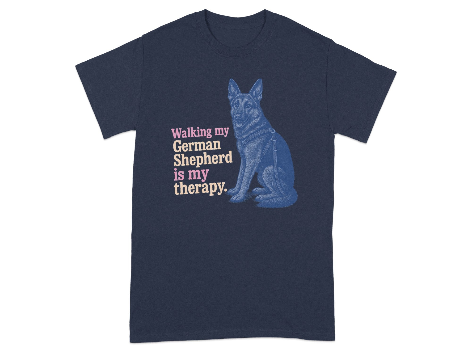 Navy t-shirt with German Shepherd graphic and text "Walking my German Shepherd is my therapy."