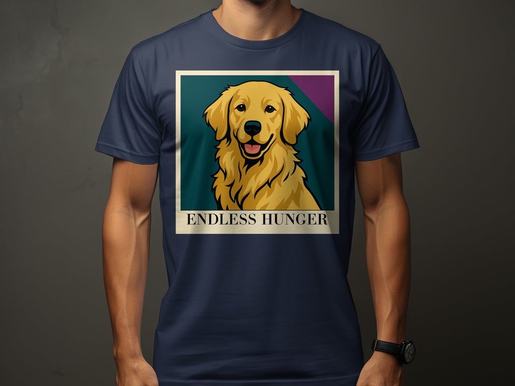 Golden Retriever portrait with the text "ENDLESS HUNGER" on a navy t-shirt.
