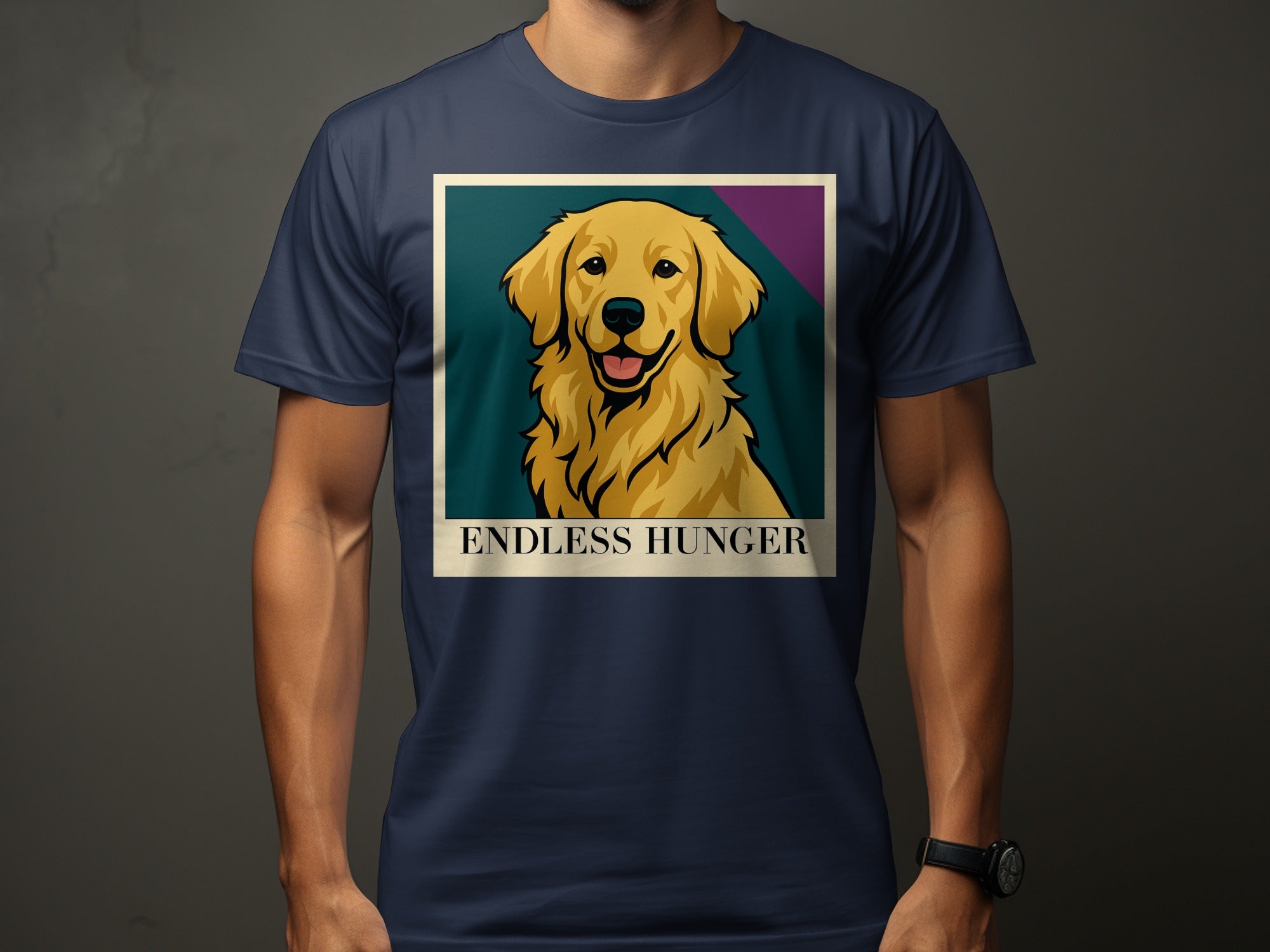 Golden Retriever portrait with the text "ENDLESS HUNGER" on a navy t-shirt.