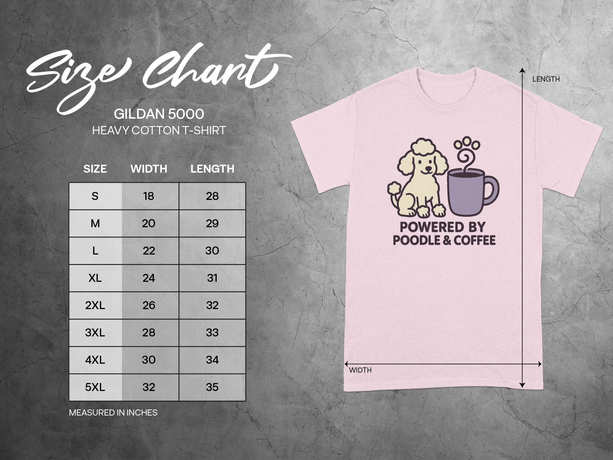 Gildan 5000 size chart for 'Powered by Poodle & Coffee' t-shirt.