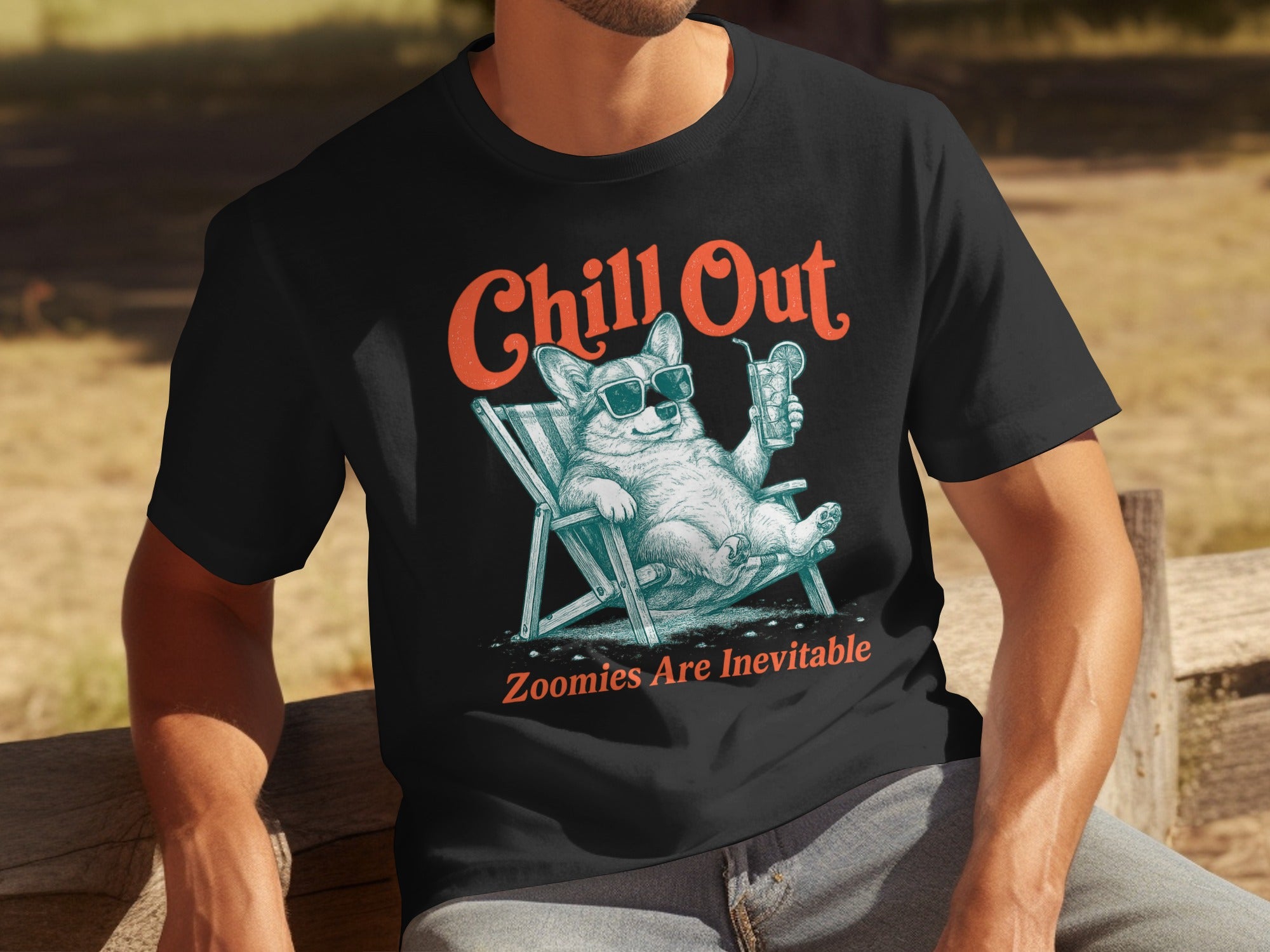 Black t-shirt with "Chill Out" and a corgi on a lounge chair.