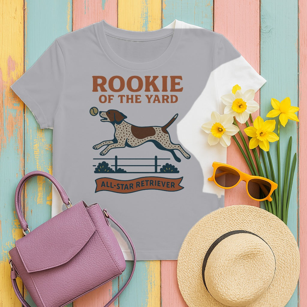 German Shorthaired Pointer Rookie of the Yard Tee styled flat lay on Athletic Heather