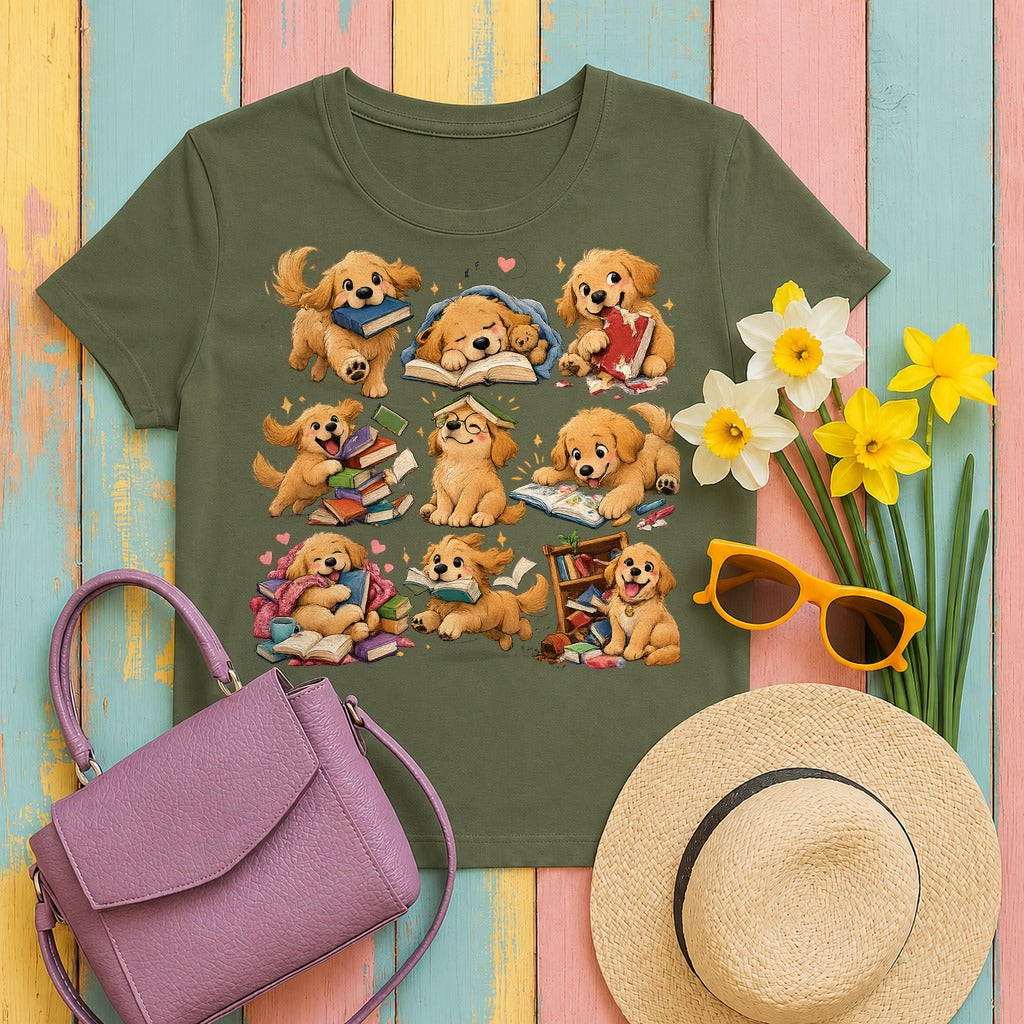 The Bookish Golden Retriever T-Shirt in Military Green