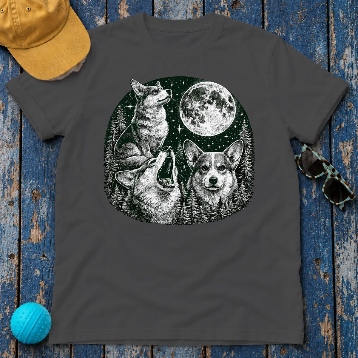 Mystical Corgi Moonlit Forest T-Shirt in Dark Heather