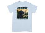 Black Labrador on a light blue t-shirt with "Calm Outside. Intensely Attached Inside." text.