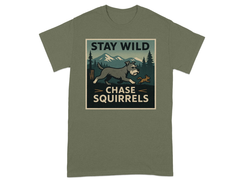 Green t-shirt with "STAY WILD CHASE SQUIRRELS" text and illustration of dog chasing squirrel.