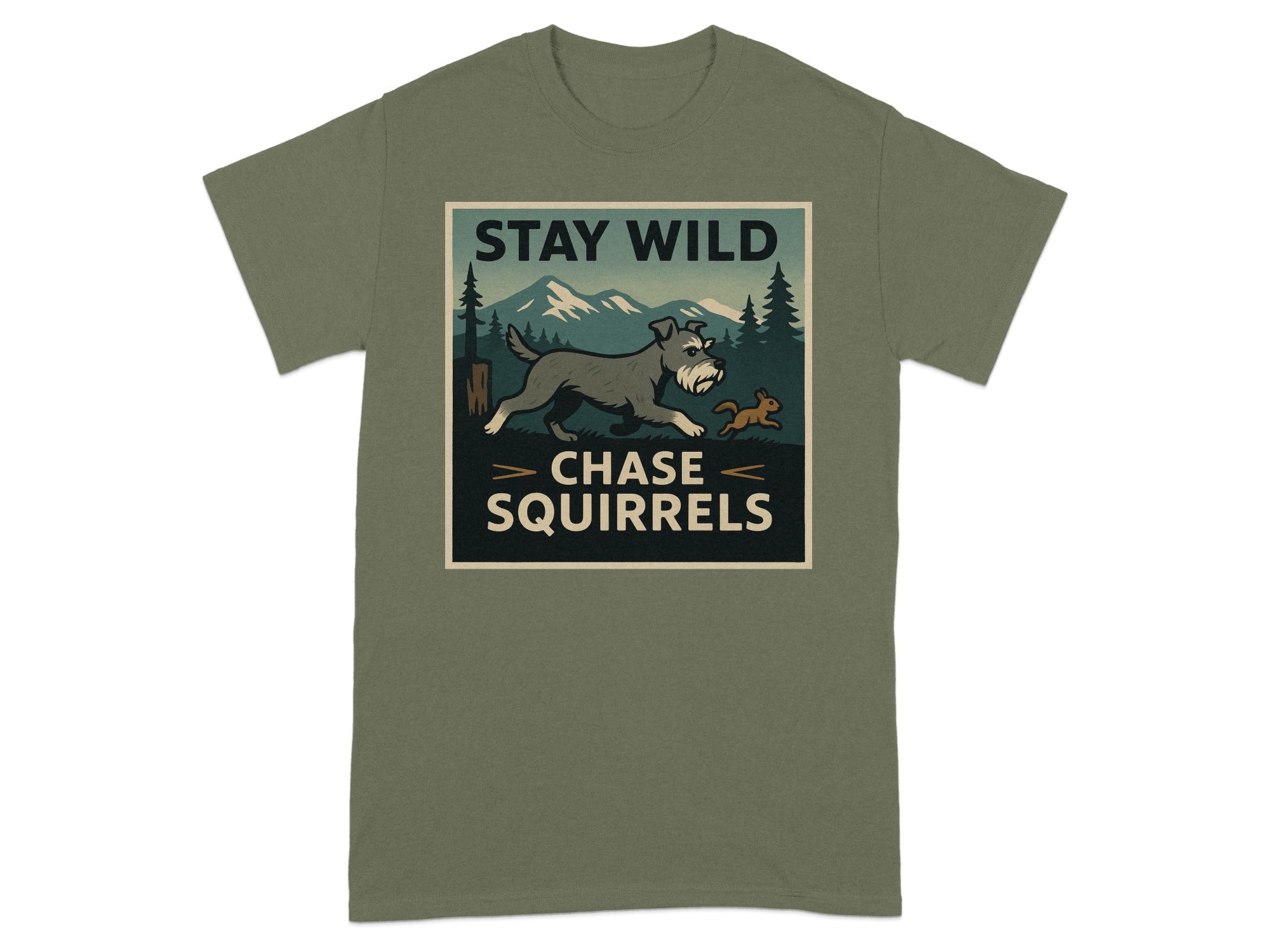 Green t-shirt with "STAY WILD CHASE SQUIRRELS" text and illustration of dog chasing squirrel.
