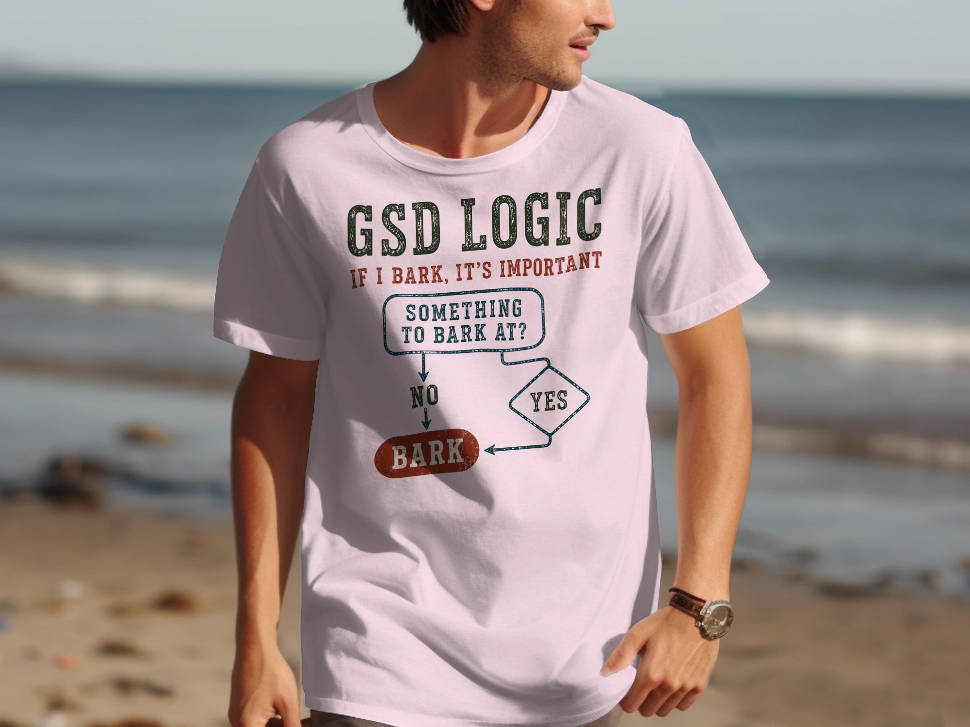 T-shirt with "GSD Logic: If I bark, it's important" flowchart.