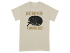 Beige t-shirt with black illustration of a sleeping dog and text.