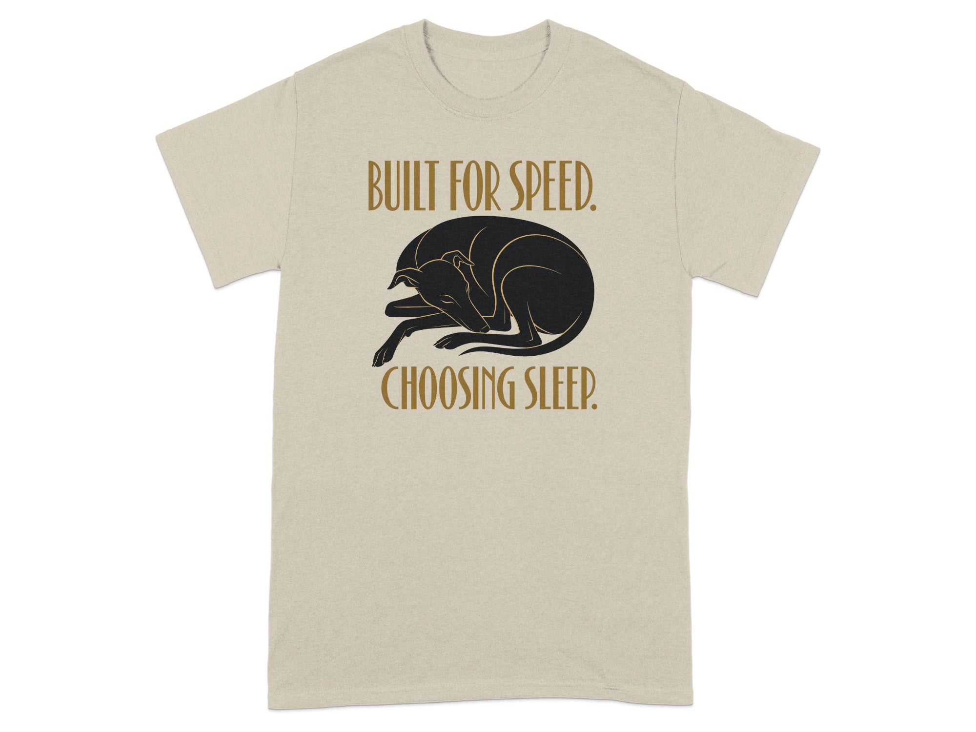 Beige t-shirt with black illustration of a sleeping dog and text.