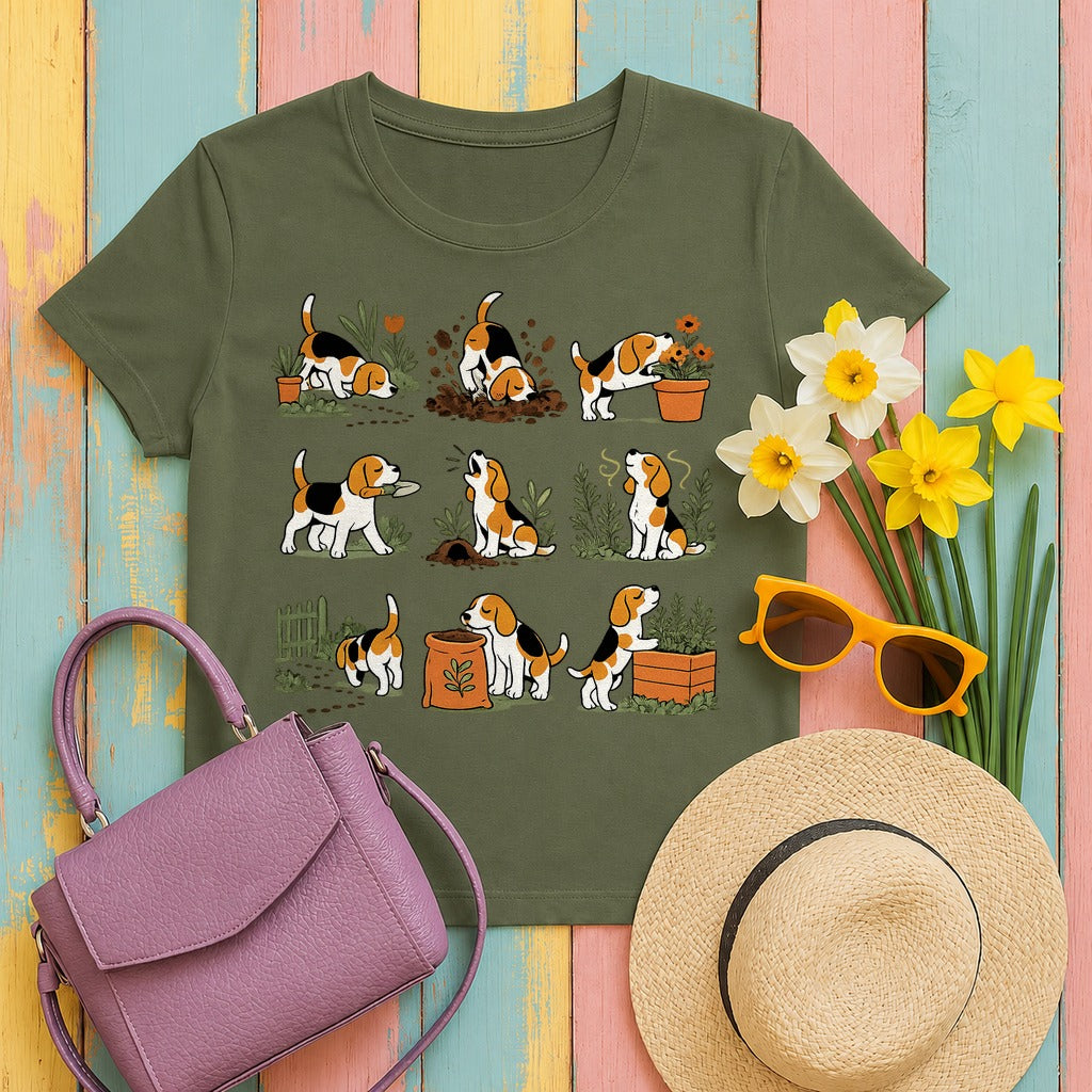 Whimsical Garden Beagle T-Shirt in Military Green