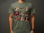 T-shirt graphic of multiple beagles interacting with wine bottles, glasses, and cheese.
