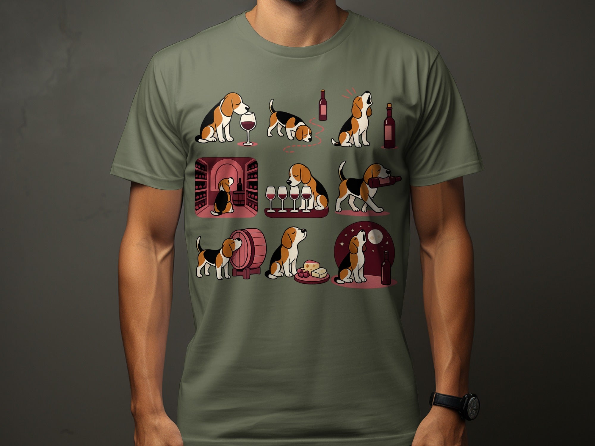 T-shirt graphic of multiple beagles interacting with wine bottles, glasses, and cheese.