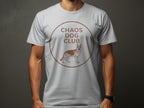 White t-shirt with "Chaos Dog Club" text and dog illustration inside circle.