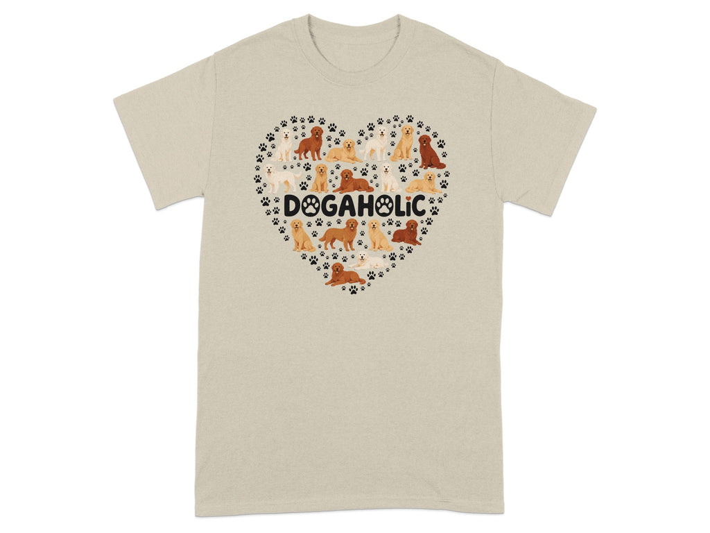 T-shirt with a heart made of various dog breeds and paw prints.