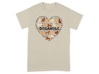T-shirt with a heart made of various dog breeds and paw prints.