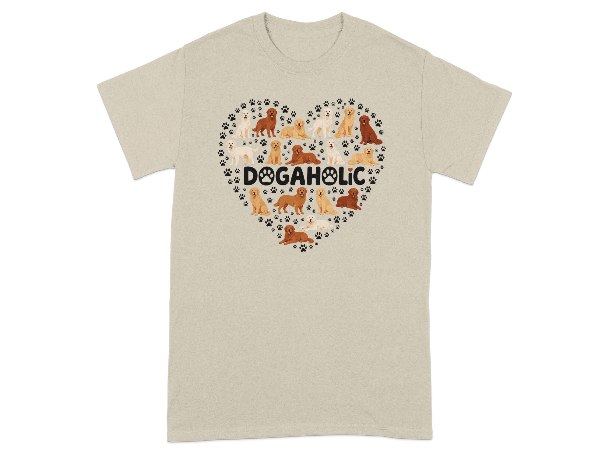 T-shirt with a heart made of various dog breeds and paw prints.