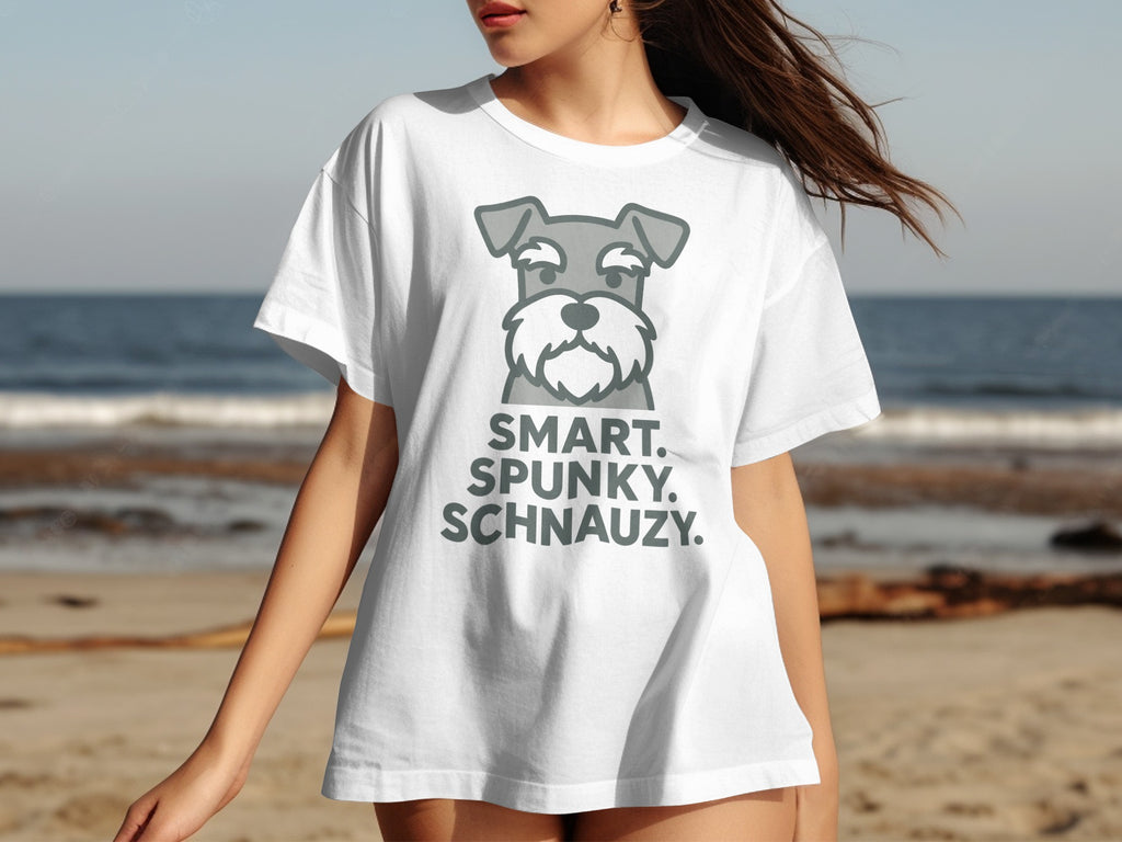 White t-shirt with a graphic of a schnauzer and text "SMART. SPUNKY. SCHNAUZY."