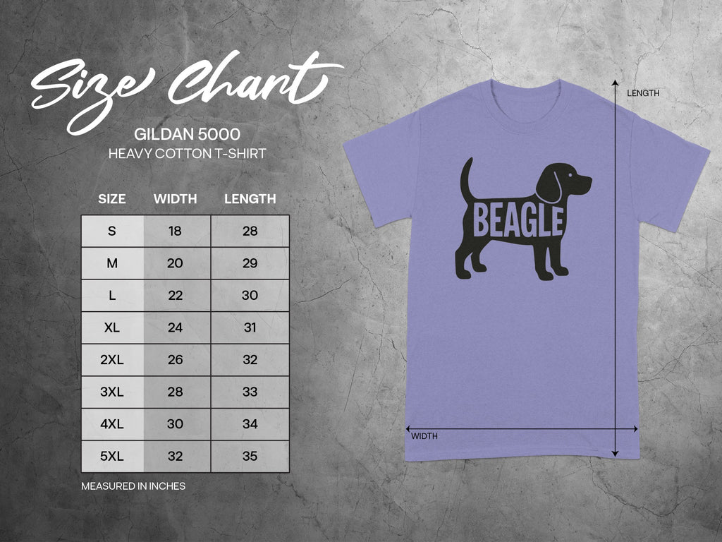Gildan 5000 Heavy Cotton t-shirt size chart for width and length in inches.