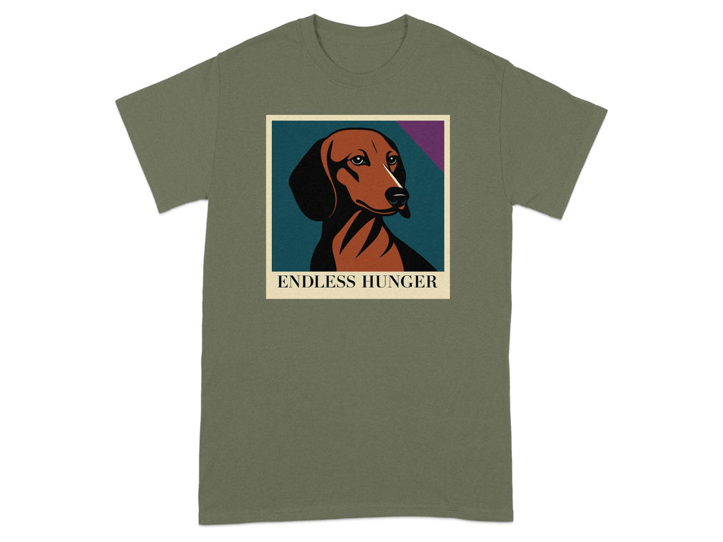 T-shirt with graphic of a dachshund in a frame and text "ENDLESS HUNGER".