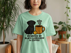 Mint green t-shirt with black labrador, coffee cup, and text.