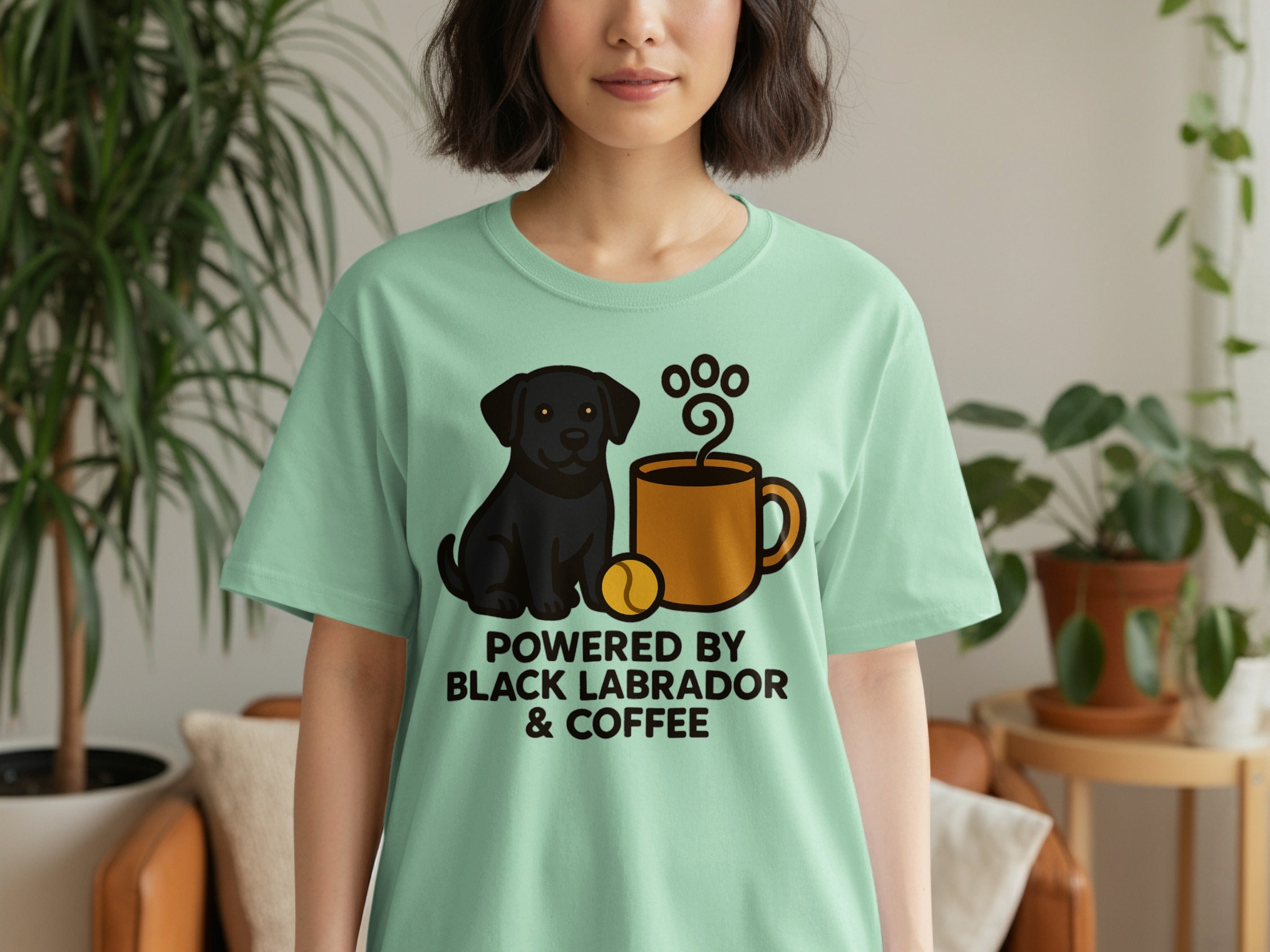 Mint green t-shirt with black labrador, coffee cup, and text.