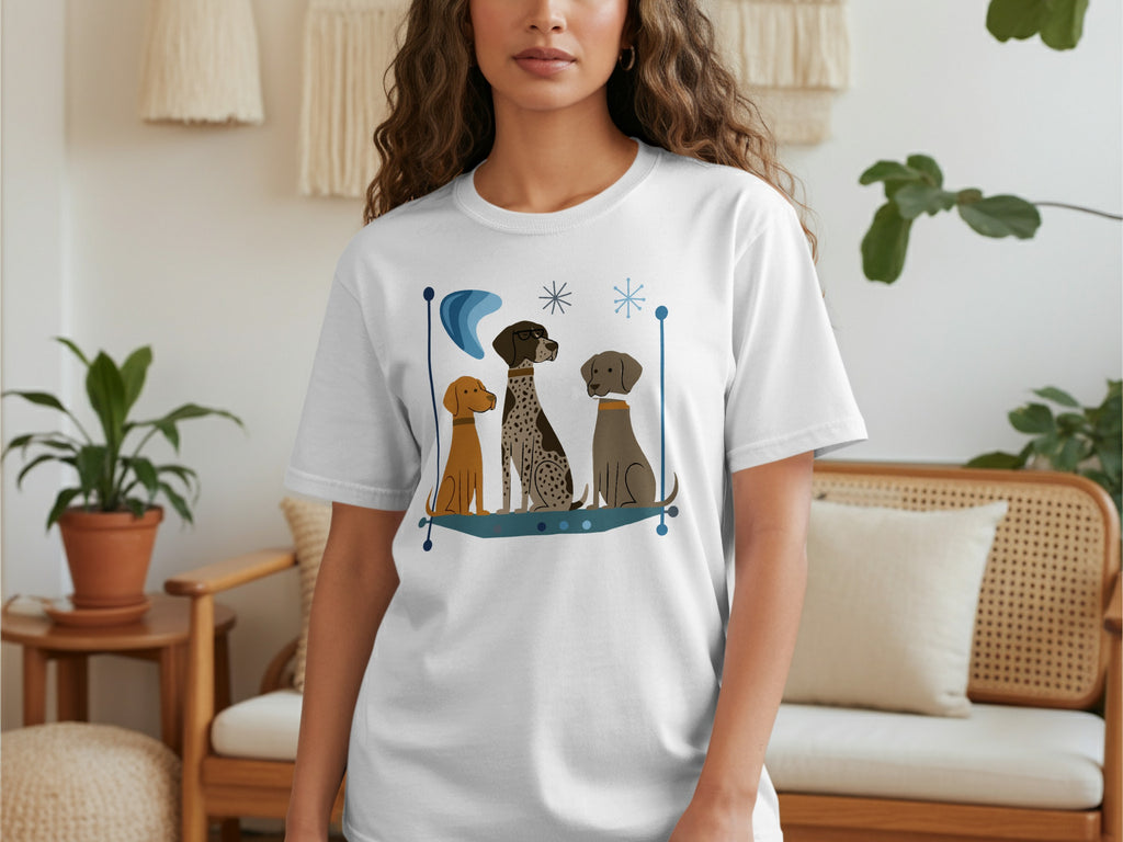 White t-shirt with illustration of three dogs on a blue wavy bench.