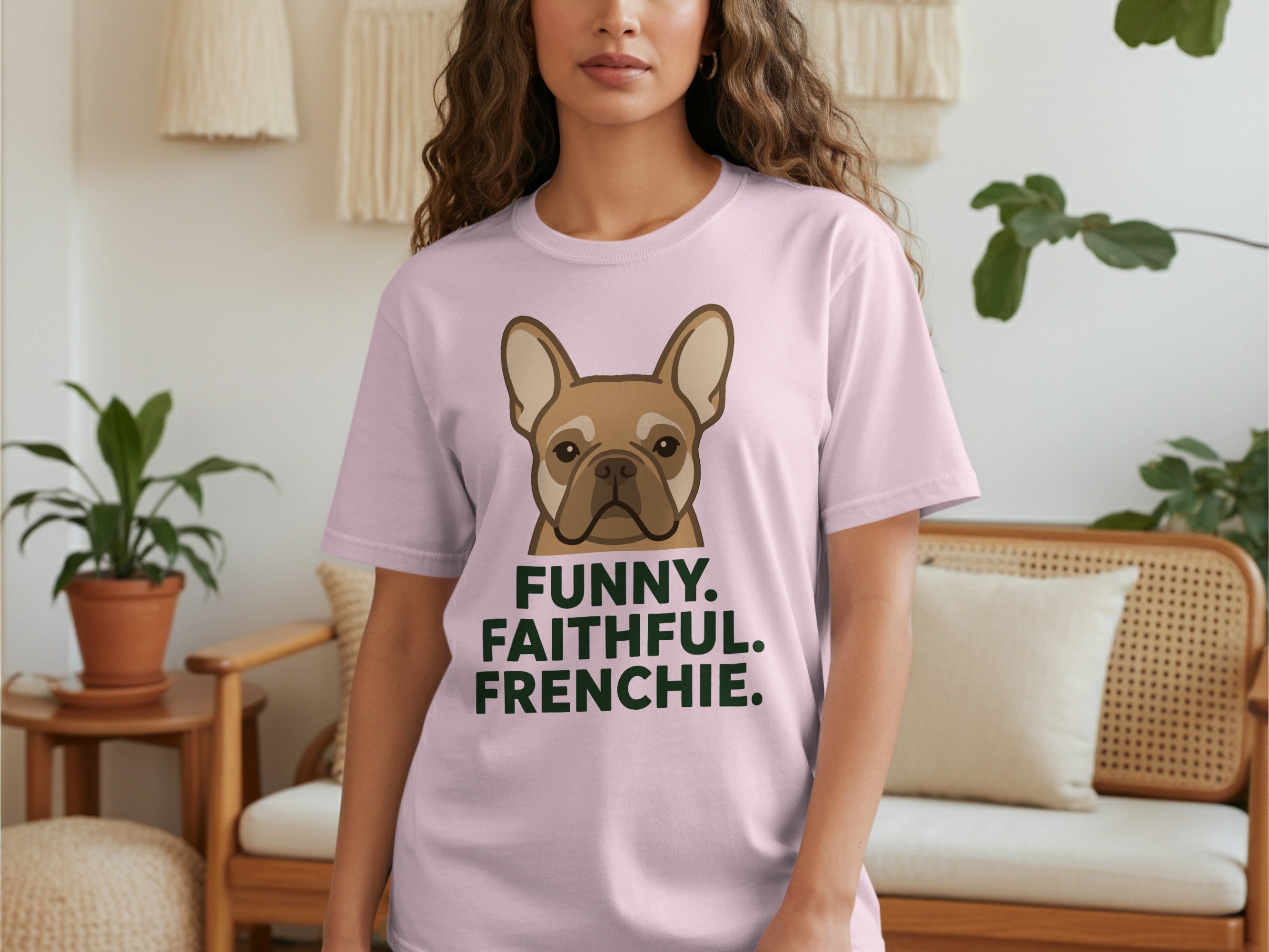 Pink t-shirt with a French bulldog illustration and text "FUNNY. FAITHFUL. FRENCHIE."