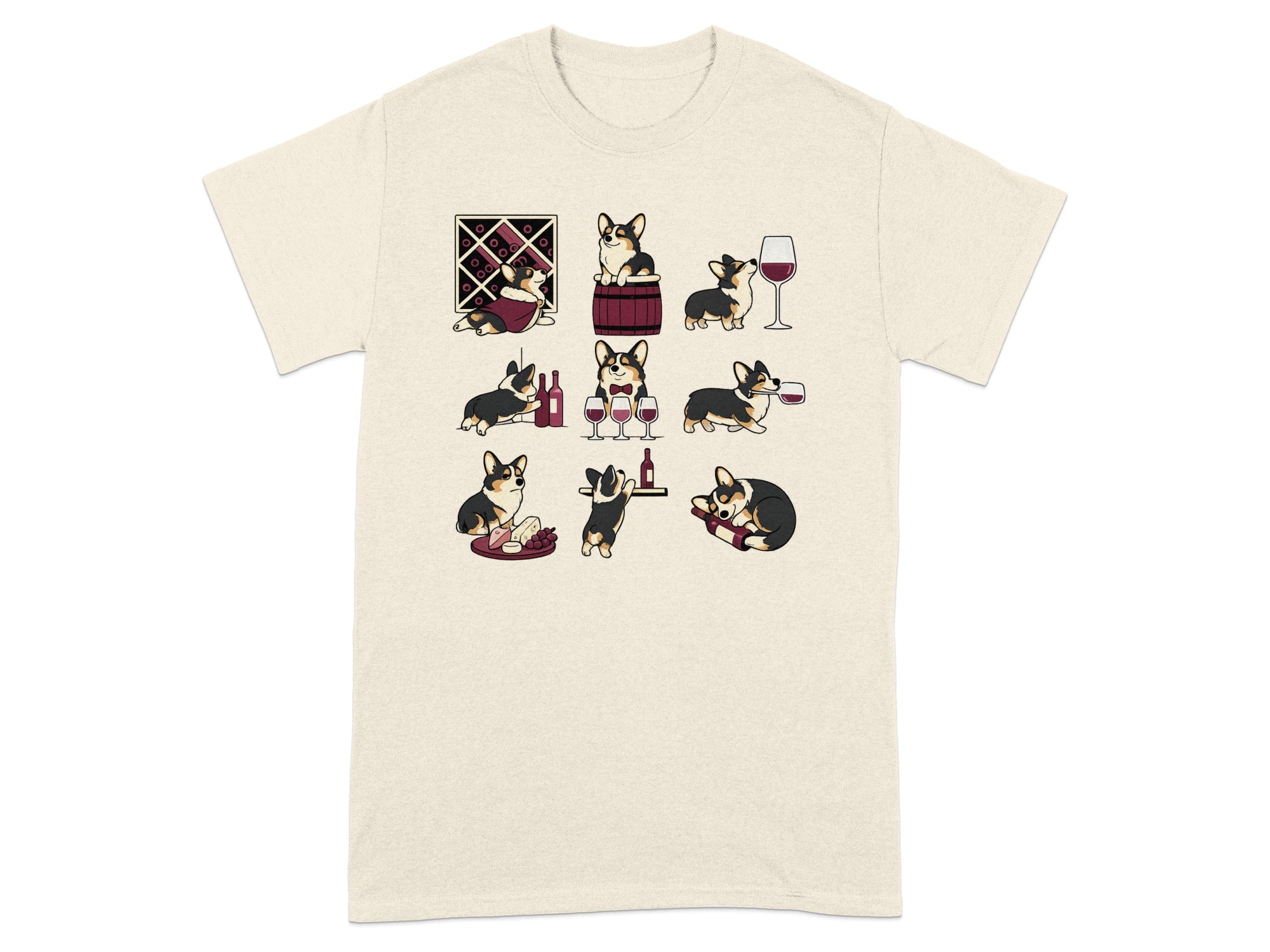 T-shirt with multiple illustrations of corgis enjoying wine and cheese.