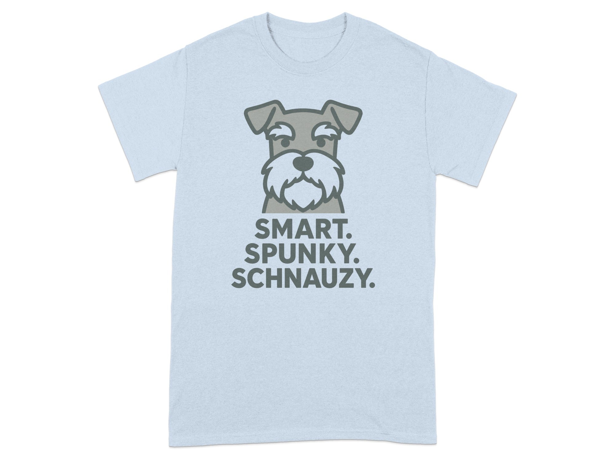 Light blue t-shirt with a stylized cartoon schnauzer and text "SMART. SPUNKY. SCHNAUZY."