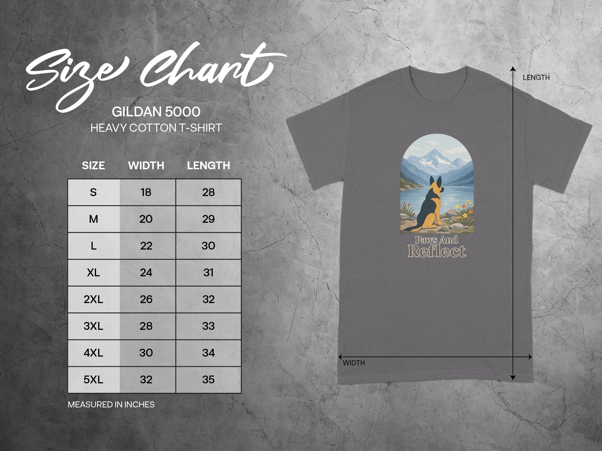 Gildan 5000 Heavy Cotton T-Shirt with size chart and graphic.