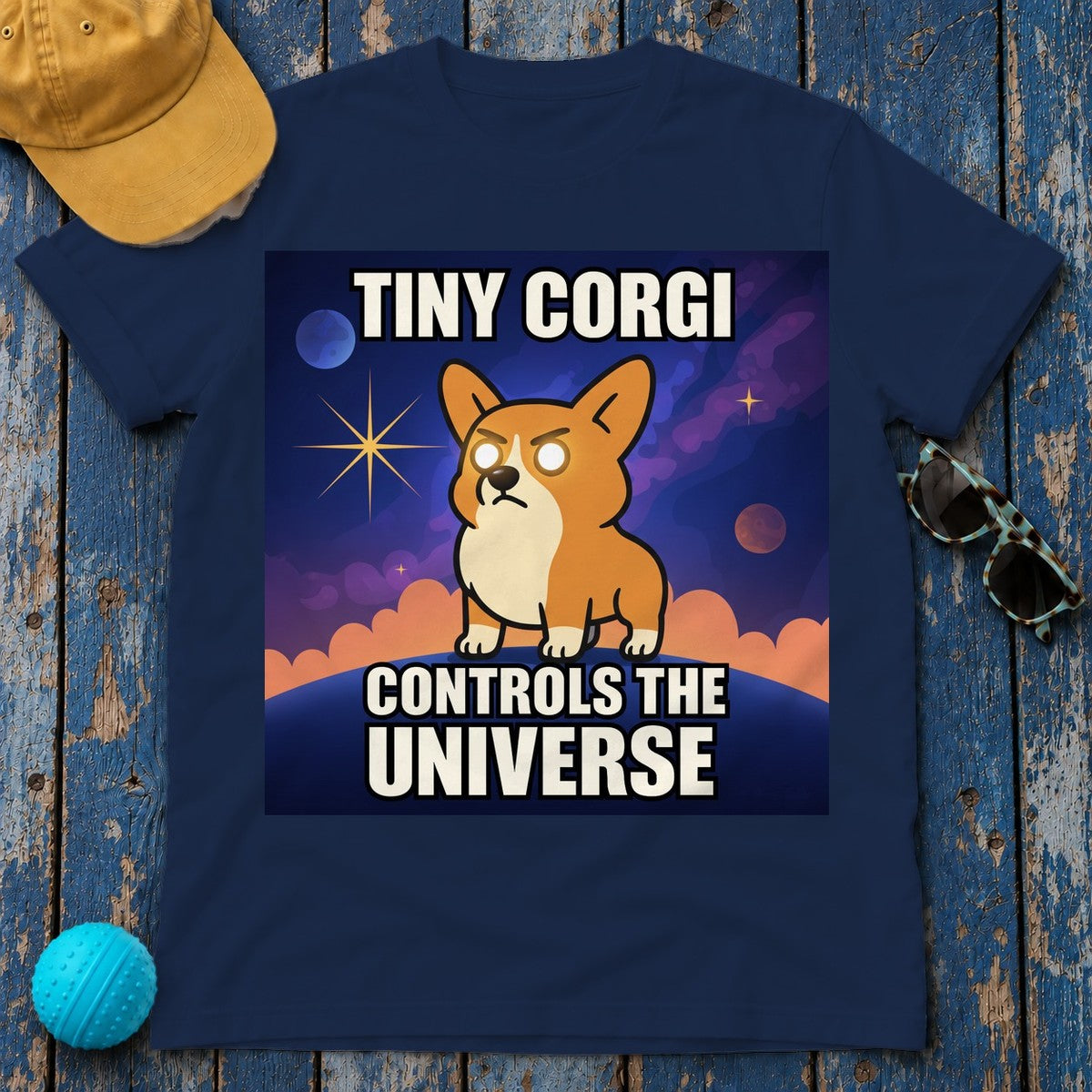 Tiny Corgi Controls the Universe Graphic Design T-Shirt in Navy