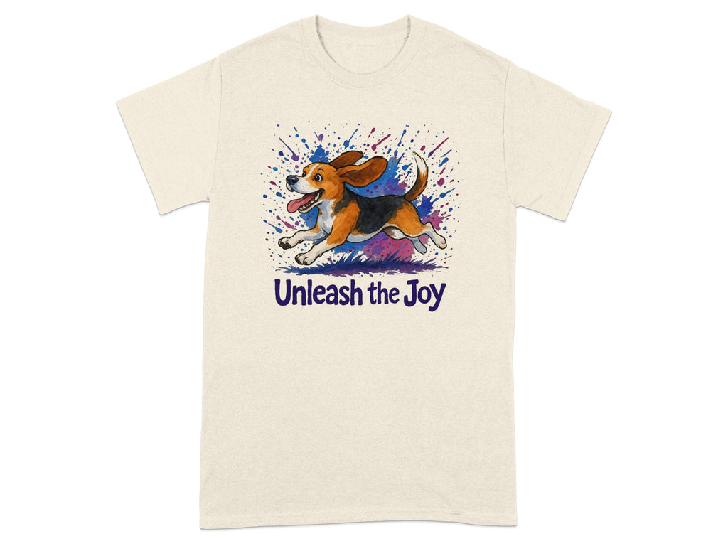 Beagle with colorful paint splatters and "Unleash the Joy" text.