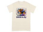 Beagle with colorful paint splatters and "Unleash the Joy" text.