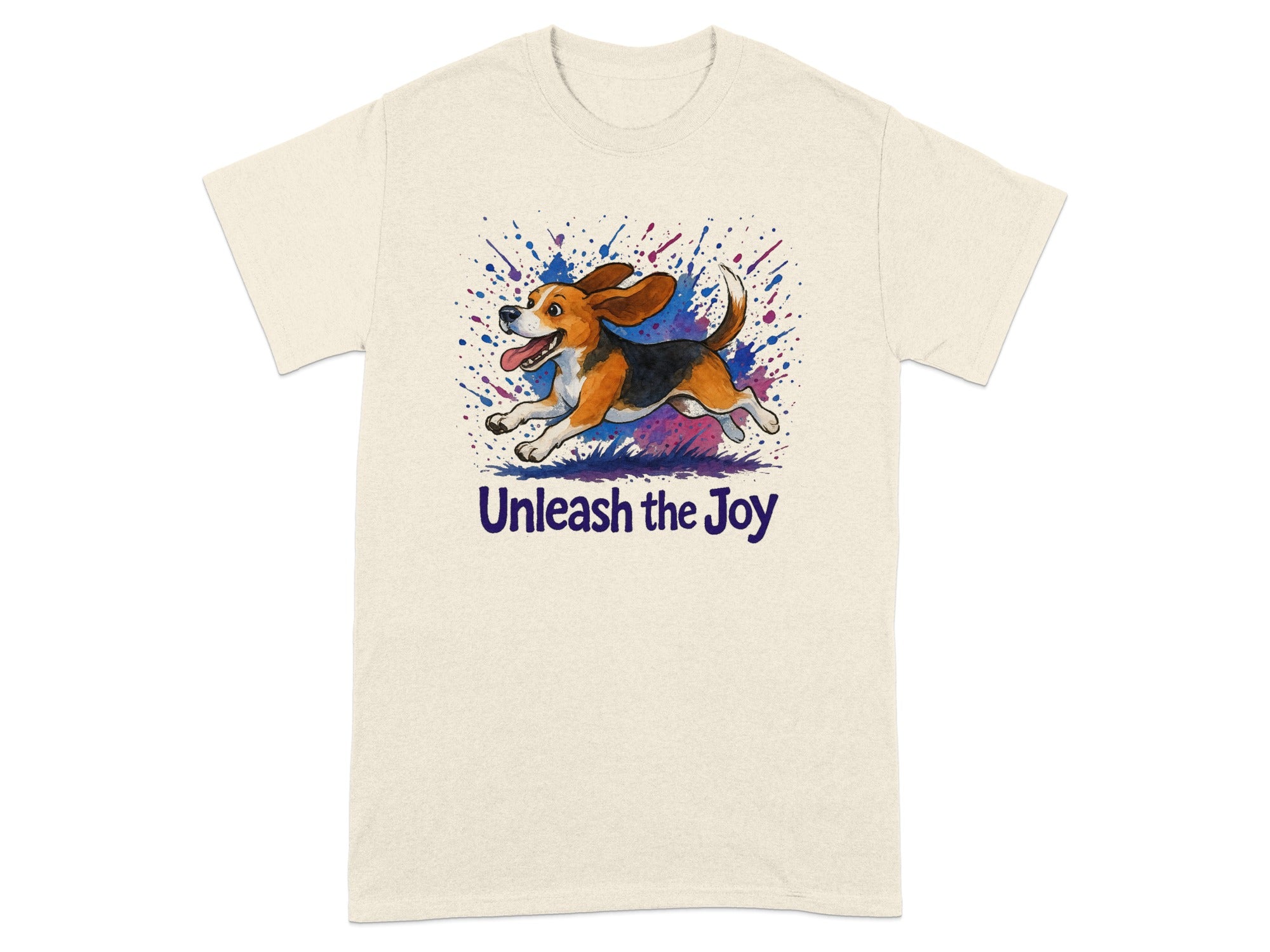 Beagle with colorful paint splatters and "Unleash the Joy" text.