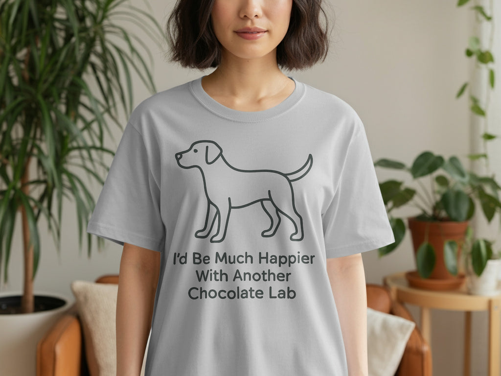 Grey t-shirt with a line drawing of a dog and text that reads "I'd Be Much Happier With Another Chocolate Lab".