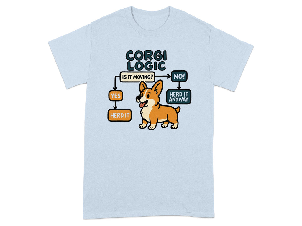Light blue t-shirt with "Corgi Logic" text and flowchart graphic.