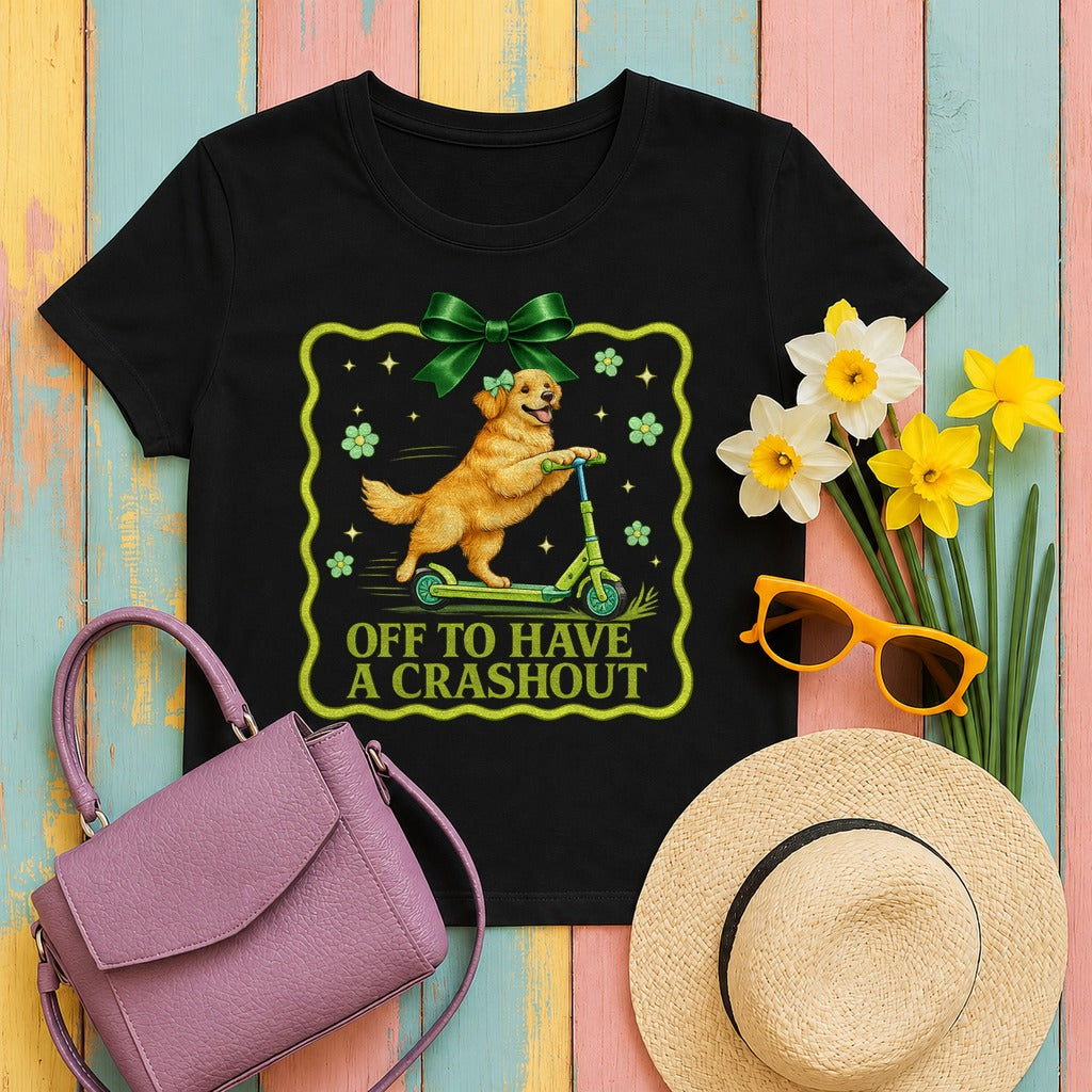 Off to Have a Crashout Golden Retriever T-shirt in Black