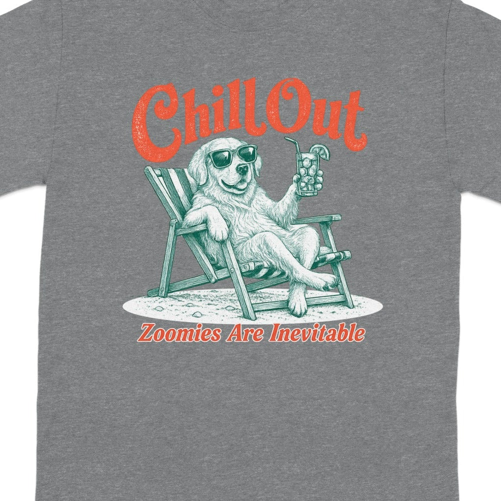 Golden retriever wearing sunglasses relaxes in a lounge chair with a drink.