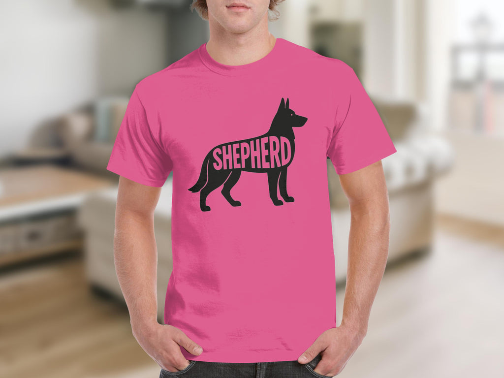 Pink t-shirt with black silhouette of a German Shepherd dog filled with the word Shepherd.